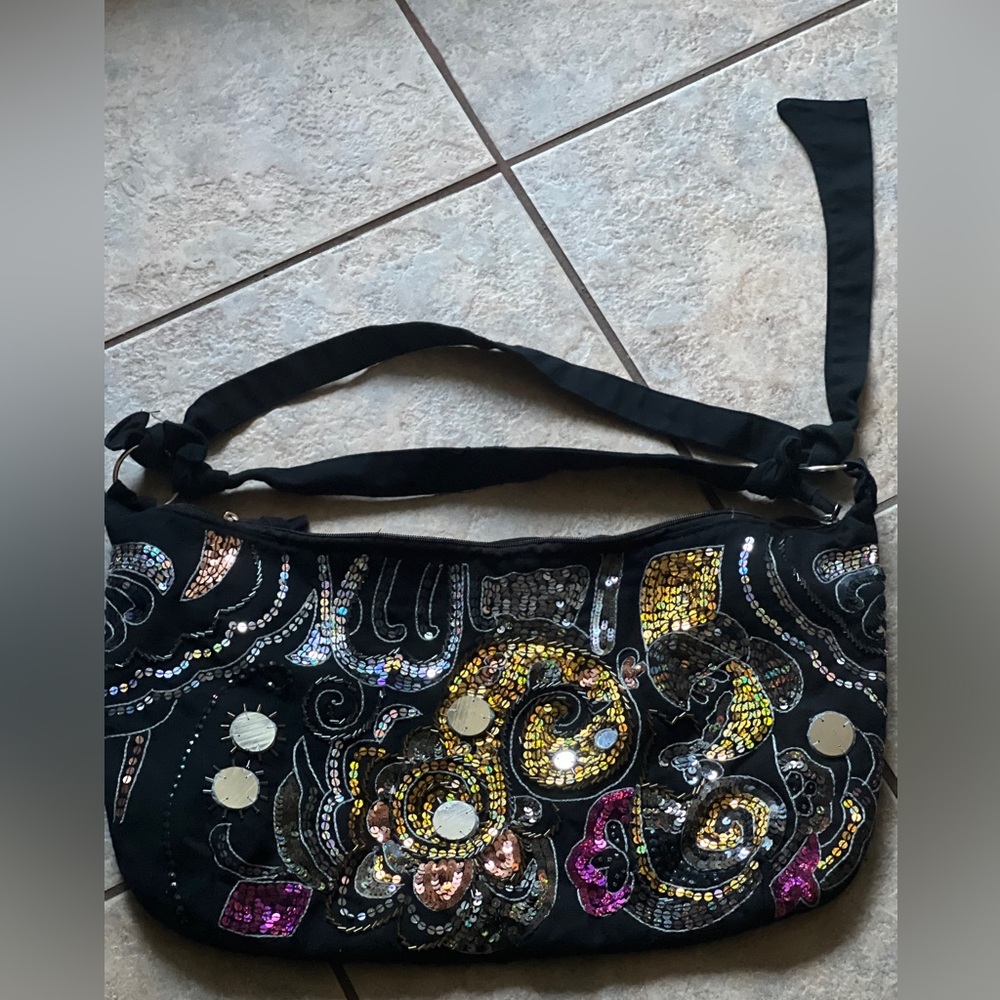 vintage bohemian style bag ,Black sequin and rhinestone embellished - Picture 8 of 11